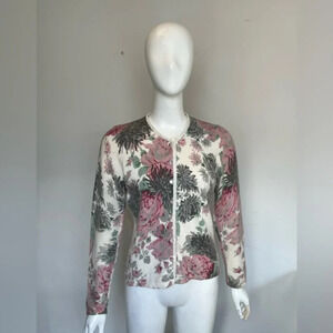 WOMEN'S VINTAGE Cashmere ANGORA Floral Long Sleeve CARDIGAN M